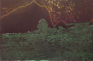 Barbara Milman: California Coast, 12h x 16w, Hybrid monotype and linocut