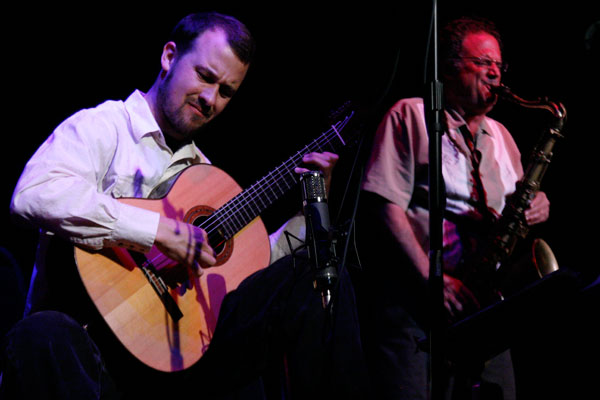 Gyan Riley and George Brooks at Terry Riley's 75th Birthday Bash, Gualala Arts Center, June, 2010