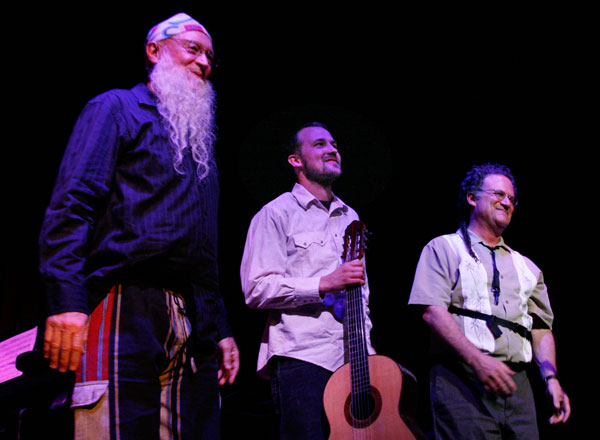 Terry Riley, Gyan Riley and George Brooks at Terry Riley's 75th Birthday Bash, Gualala Arts Center, June, 2010