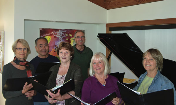 Mendonoma Chamber Chorus, L to R: Jane Schuler-Repp, Dan Chang, Mimi Dallas, Roland Stoughton, Christina Chapman, Marjie Van Gunten Mendonoma Chamber Chorus, L to R: Jane Schuler-Repp, Dan Chang, Mimi Dallas, Roland Stoughton, Christina Chapman, Marjie Van Gunten