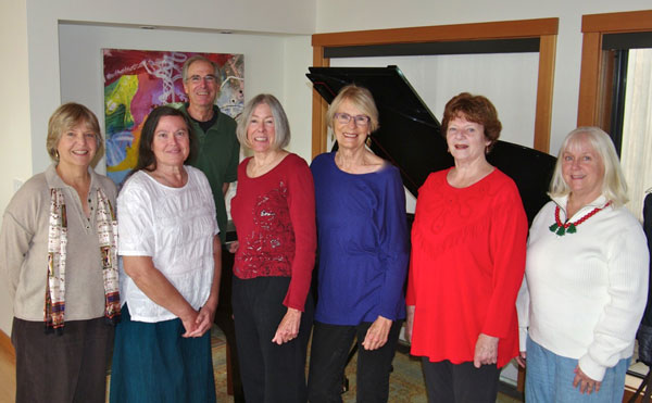 Mendonoma Chamber Chorus, L to R: Marjie Van Gunten,  Pat Wilson, Roland Stoughton, Linda Eastman, Jane Schuler-Repp, Mimi Dallas, Christina Chapman