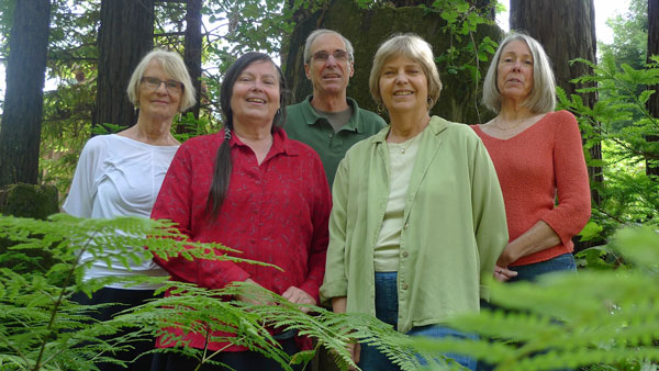 Mendonoma Chamber Chorus, L to R: Jane Schuler-Repp; Pat Wilson; Roland Stoughton; Marjie Van Gunten; Linda Eastman