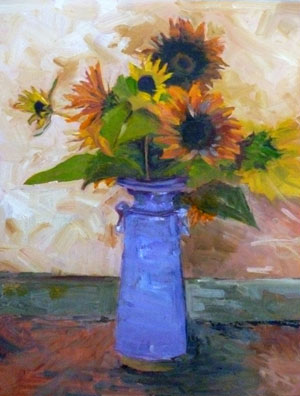 Sunflowers in a Periwinkle vase, by Ellen Boulanger