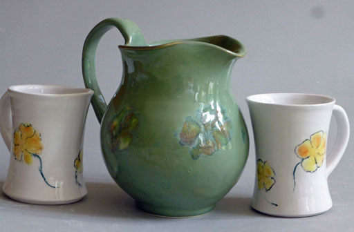 Rutile green pitcher and cups, by Brenda Phillips